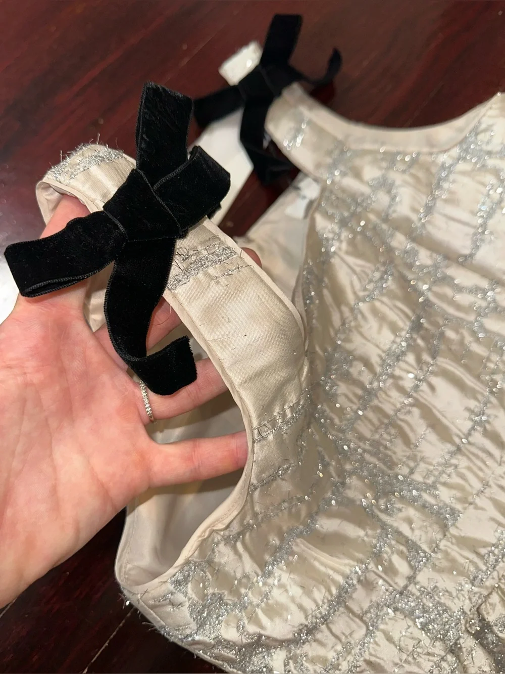 A Loves A Cream Metallic Lace-Trim Party Dress with Black Bows